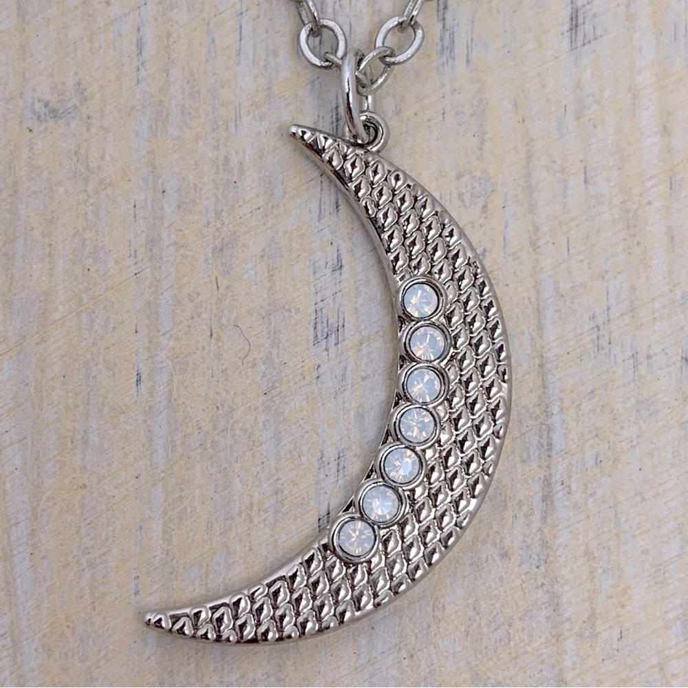 Jessica Elliot Silver Swarovski Opal Crystal Crescent Luna Moon Pendant Necklace